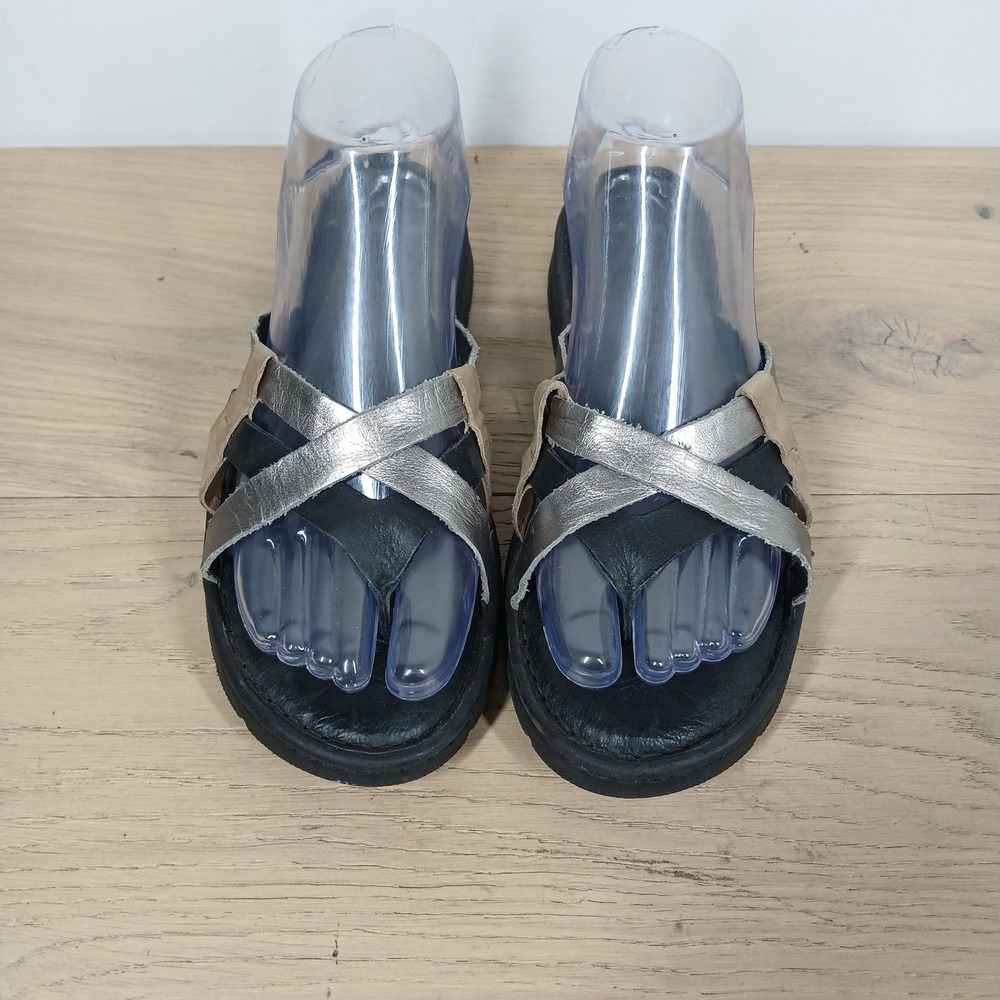 Born Leather Sandals Womens 7/38 Black Silver Tan Multi Strap Comfort Slides - Picture 2 of 11